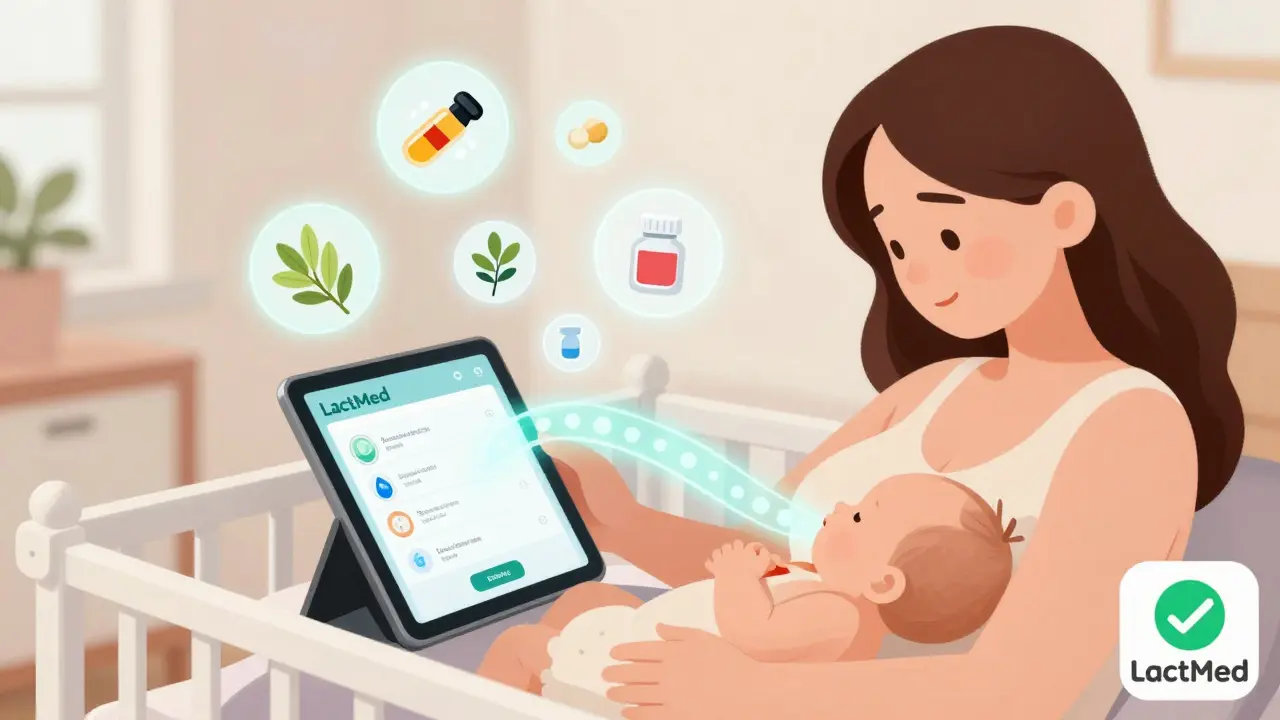 Mother using tablet to check LactMed while glowing safe medication data flows to her sleeping baby.