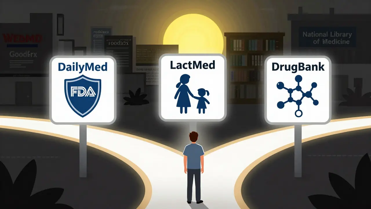 Patient choosing between trusted medical resources DailyMed, LactMed, and DrugBank, while commercial sites fade in the background.