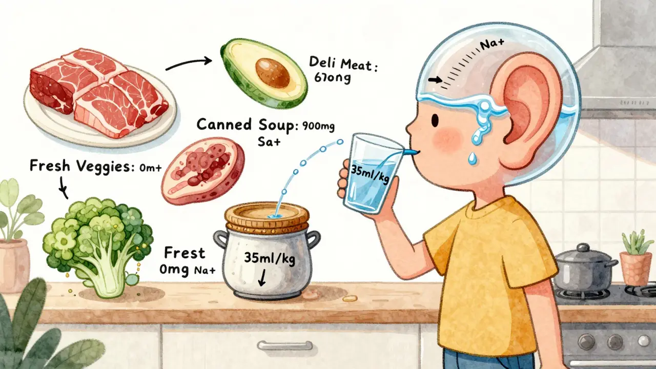 Person drinking water as labeled foods dissolve into harmless particles above their ear.