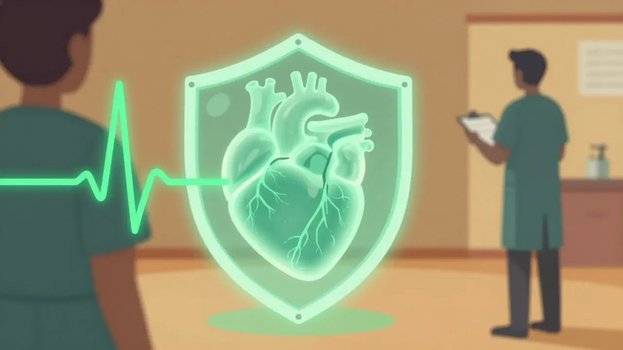 Protected heart with steady rhythm line and healthcare provider.