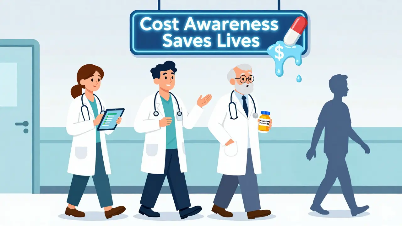 Three doctors in hallway reacting differently to cost alerts, one using tech, others ignoring alternatives.