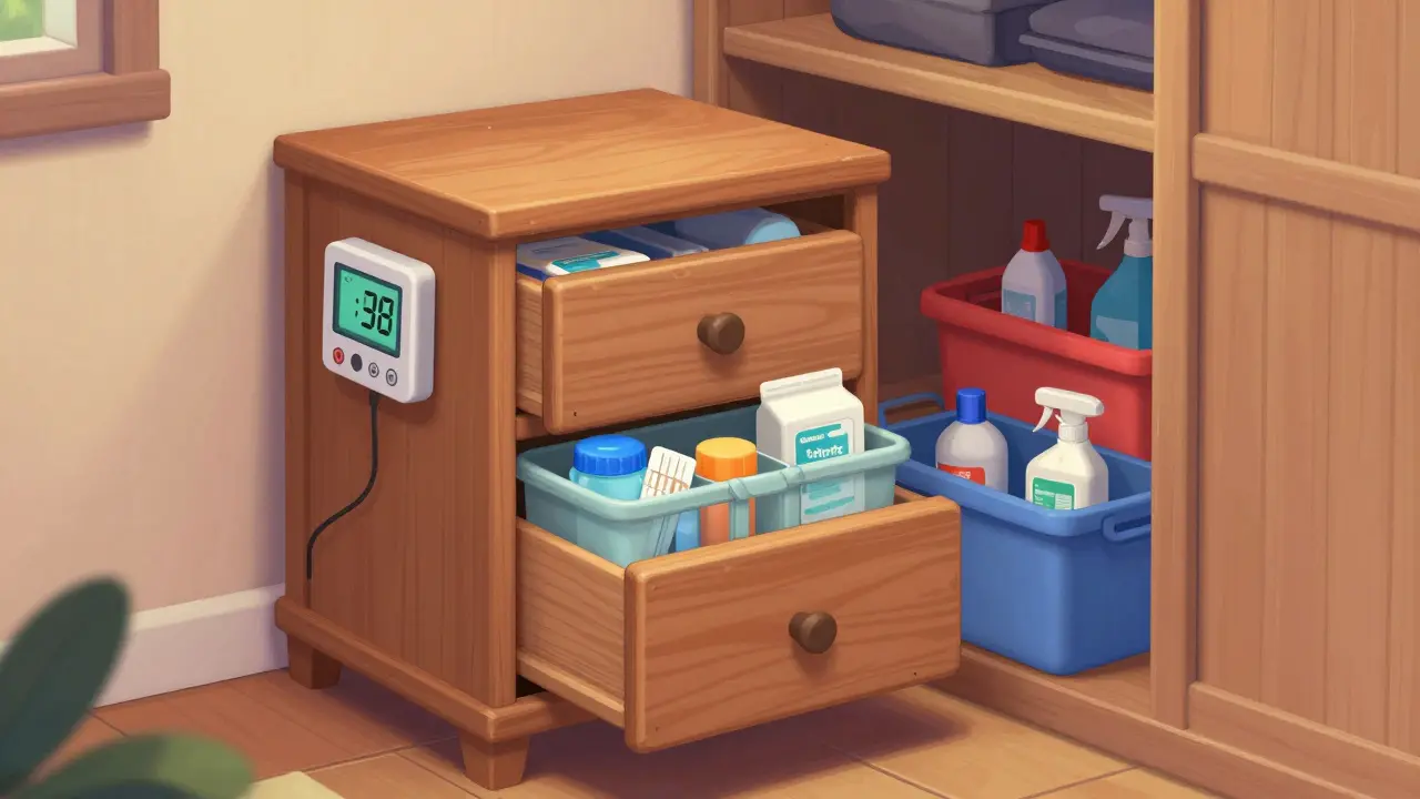 A dedicated Medicine Safe Zone in a bedroom closet with color-coded bins and a monitor.