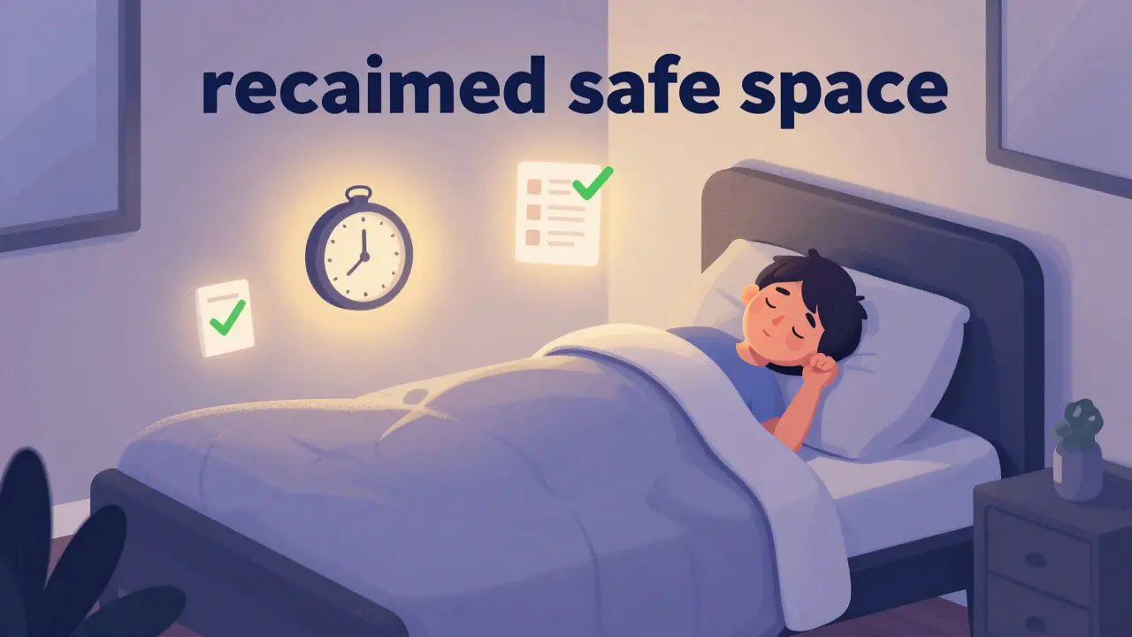 A person sleeping peacefully in a cozy bedroom surrounded by symbols of sleep recovery and calm.