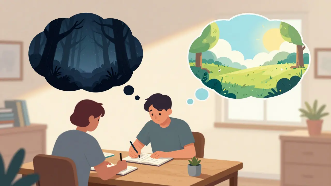 A person writing in a journal, transforming a scary dream into a peaceful scene through thought bubbles.