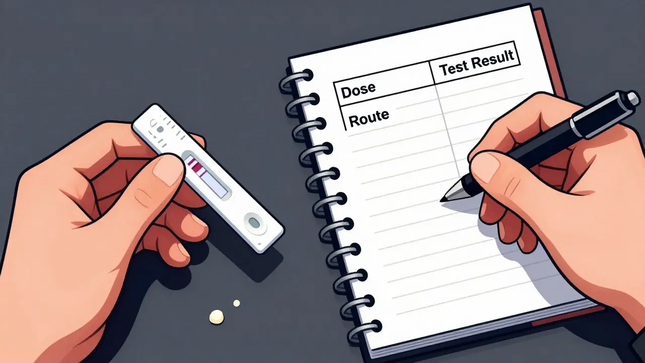 A split scene showing a fentanyl test strip and a detailed medication log being filled out.