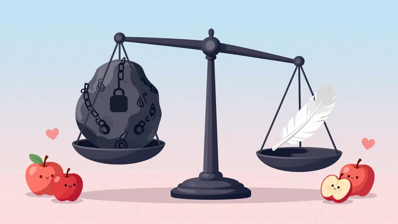 Balance scale showing heavy weights on one side balanced by a light feather on the other side.