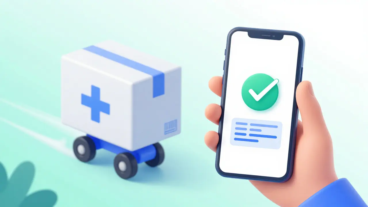 Cartoon depicting a secure online pharmacy order with a digital prescription and fast delivery.