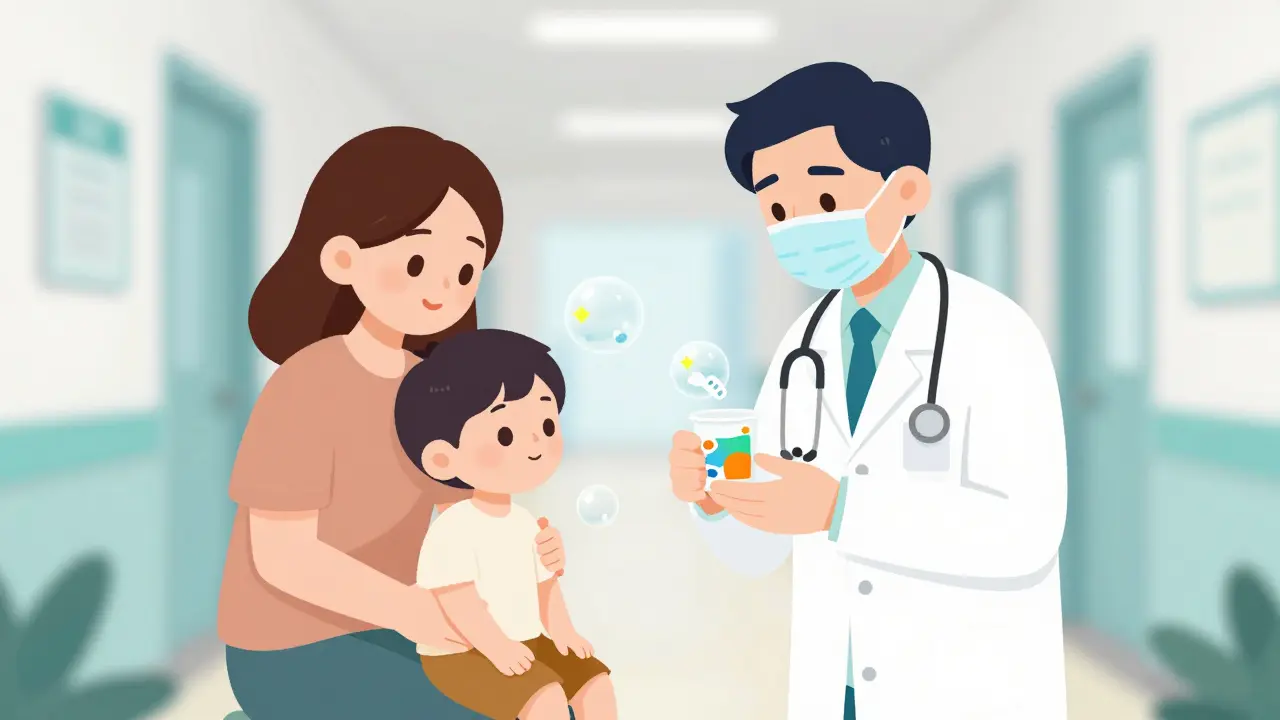 Cartoon of a calm child and doctor in a hospital, symbolizing the soothing effect of pre-op sedation.