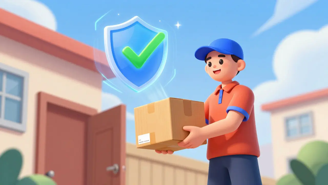 Certified pharmacy delivery with safety symbols indicating a secure medical shipment.