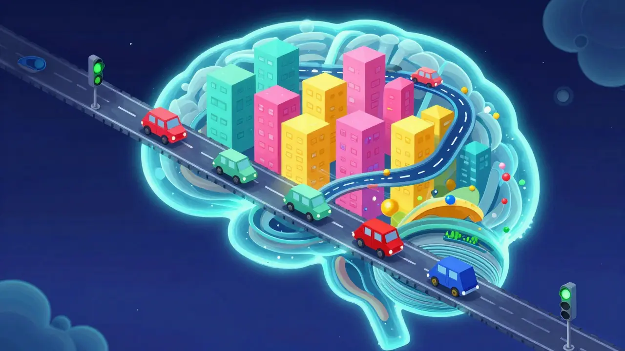 Colorful illustration of neurotransmitters traveling along highway roads inside a glowing brain shape.