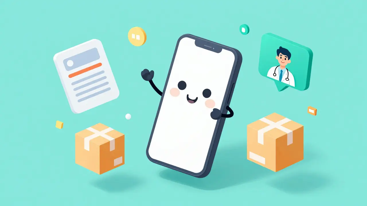 Concept art of a smartphone surrounded by telehealth and pharmacy icons