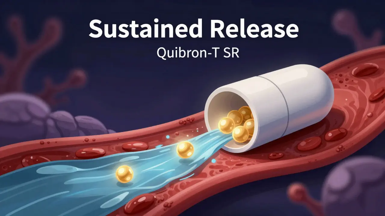 Concept art showing the slow release of medication from a sustained-release tablet into the bloodstream.