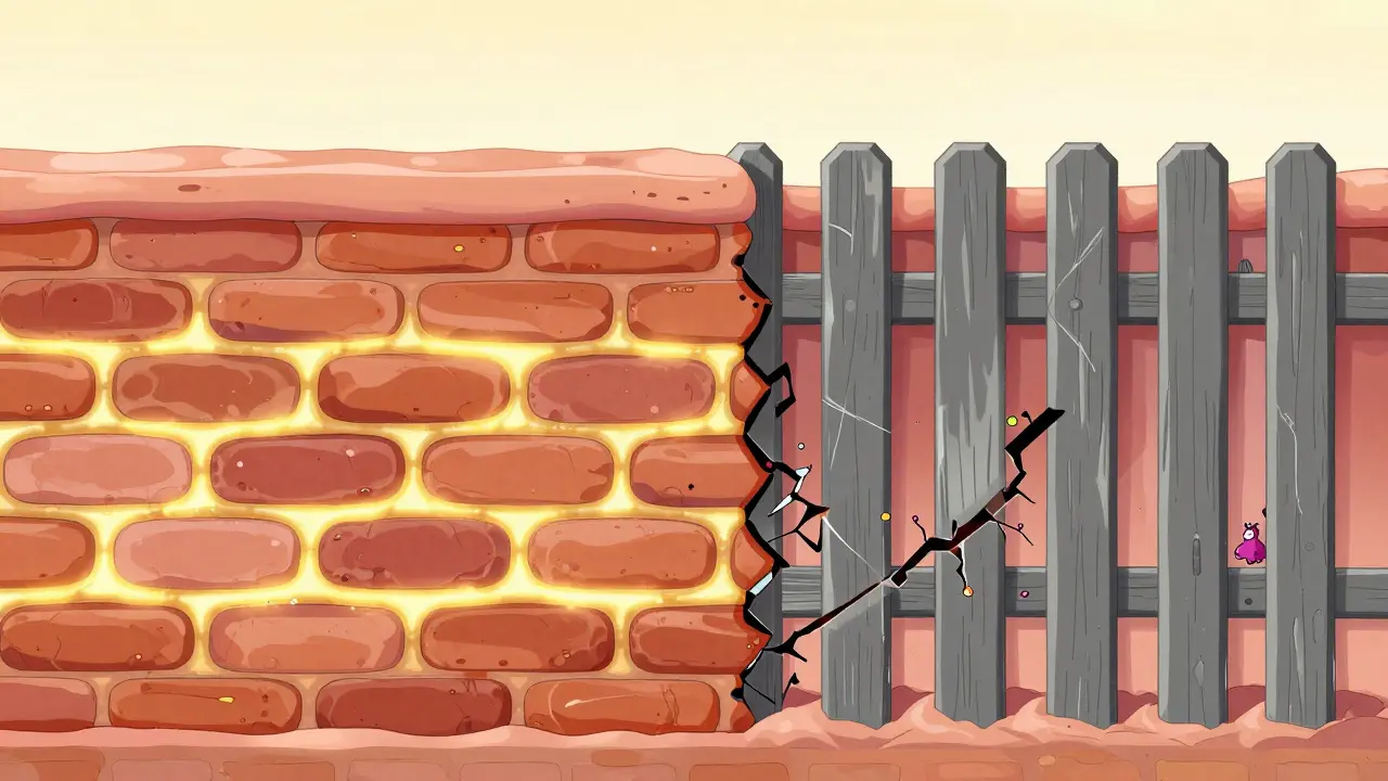 Conceptual art of skin as a brick wall with golden mortar and a leaky fence allowing allergens in.