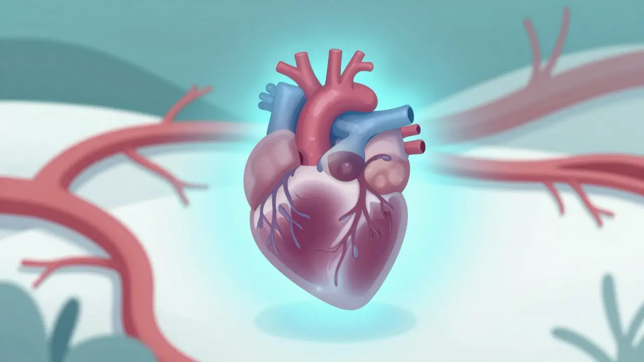 Conceptual illustration of a heart with a soothing blue glow showing beta-blocker effects.