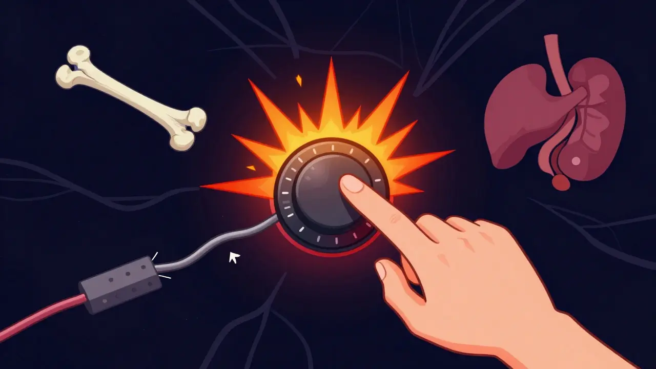 Conceptual illustration of a volume knob stuck on high amidst neural pathways and pain types.