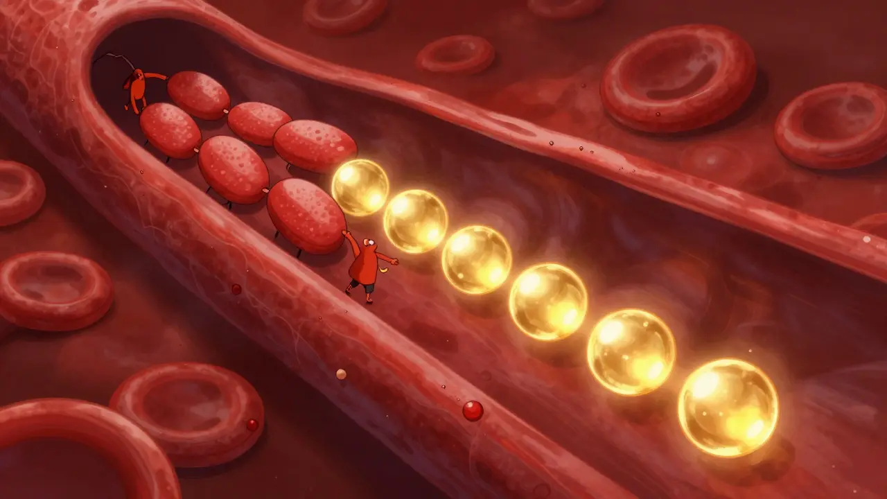 Conceptual illustration of Vitamin E molecules preventing blood platelets from clotting