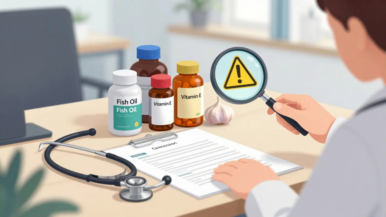 Doctor's desk with a stethoscope and various supplement bottles under a magnifying glass