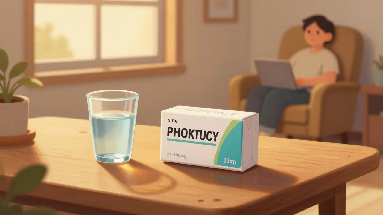 Illustration of a medication package on a table in a peaceful home setting