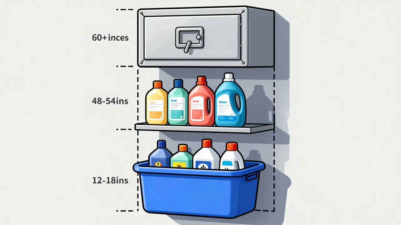 Illustration of the vertical storage zones for medications, mild soaps, and hazardous chemicals.