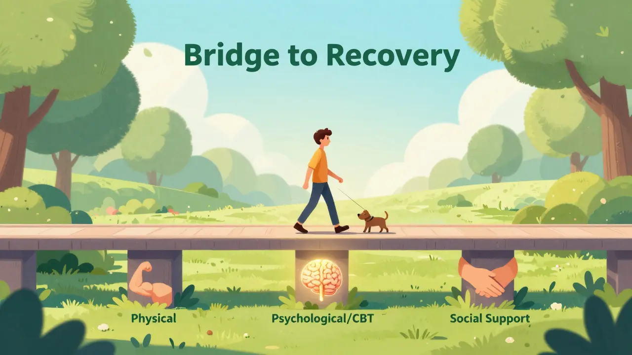 Person crossing a bridge supported by physical, psychological, and social pillars toward a sunny park.