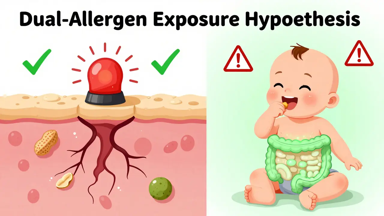 Split illustration showing allergens entering through skin versus being eaten for immune tolerance.