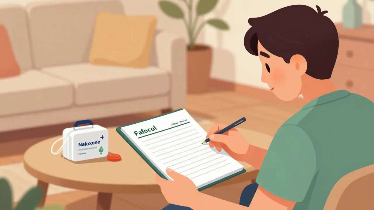 Two people reviewing a medication log together in a cozy living room for safety.