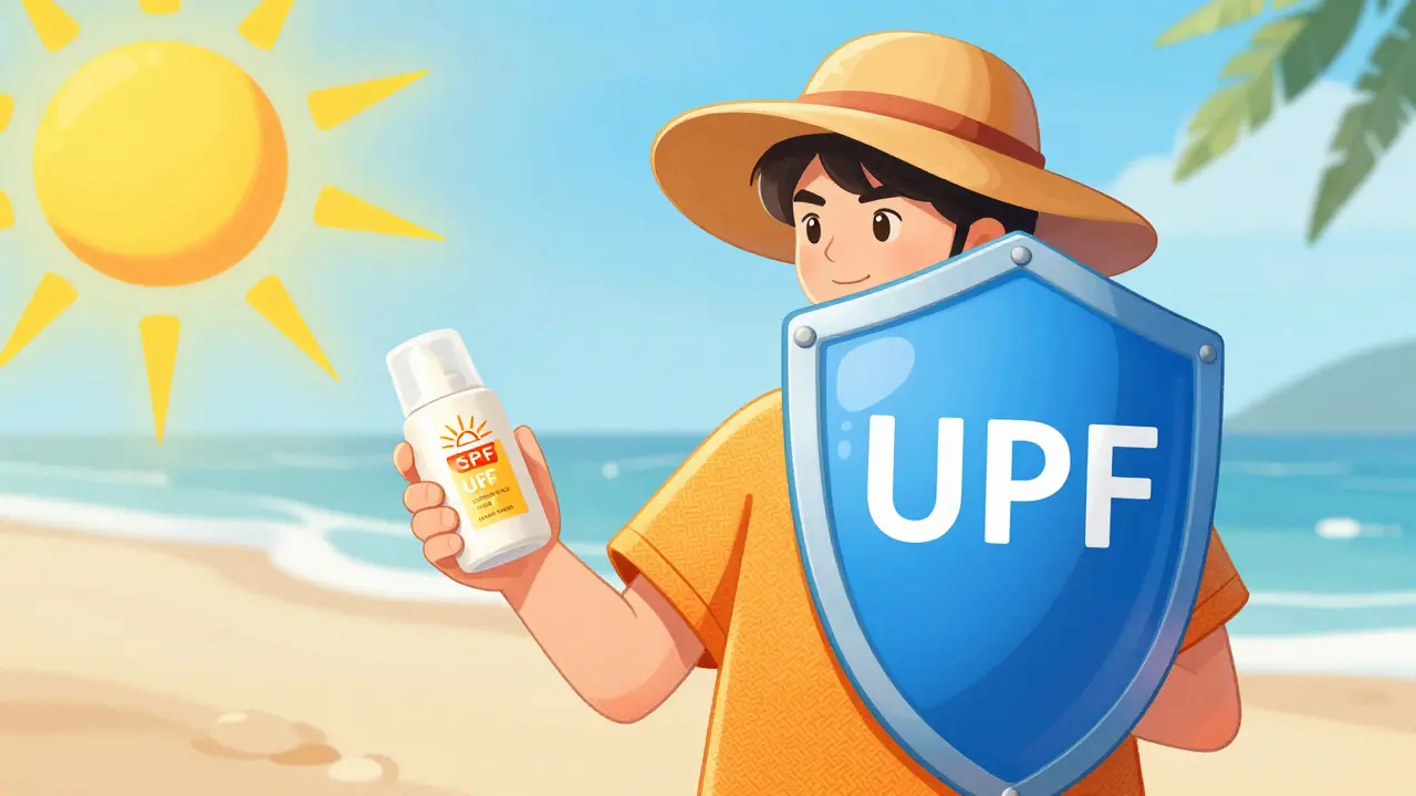 Character protected by UPF clothing, hat, and sunscreen from UV rays.