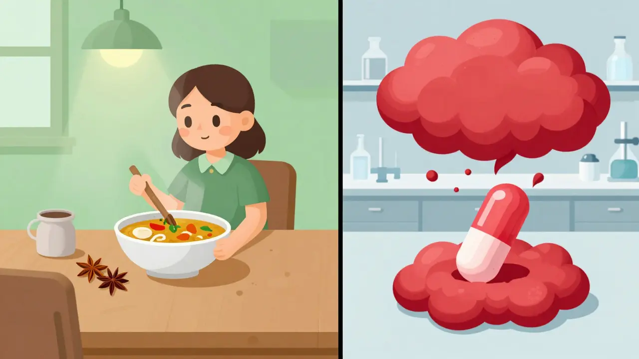 Comparison of safe curry meal versus risky supplement capsule