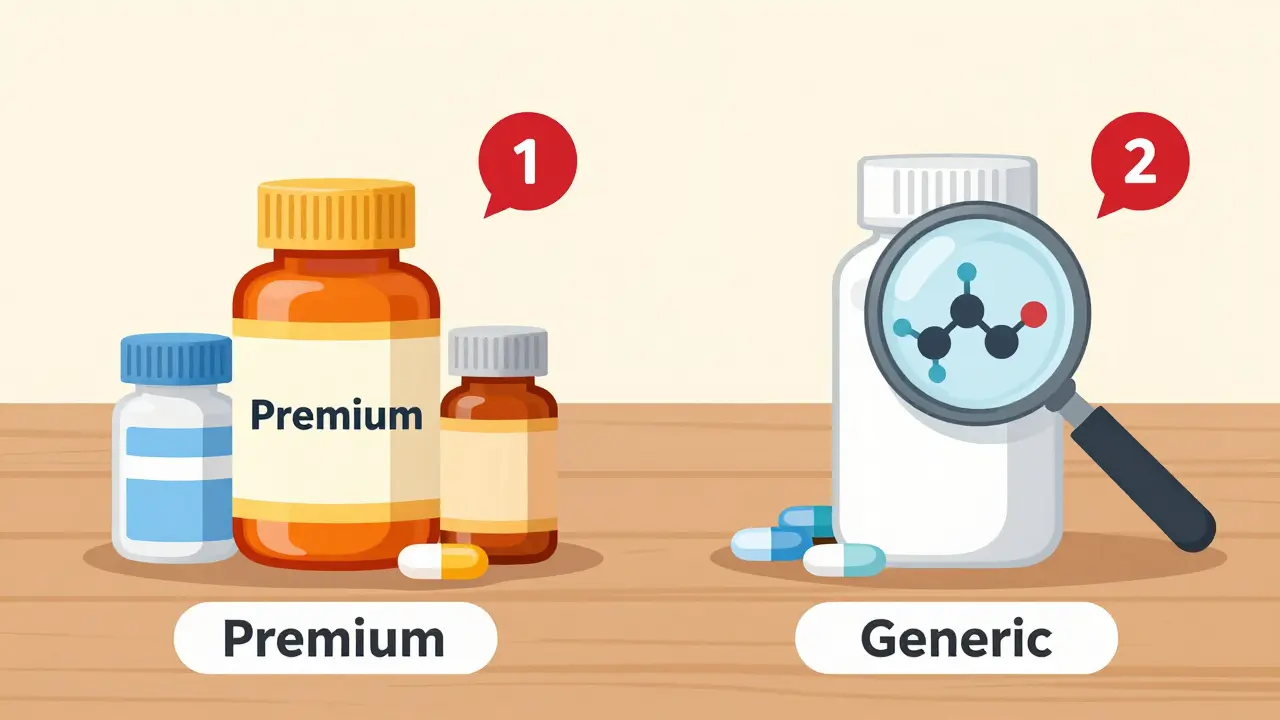 Concept art comparing premium branded pills with cost-effective generic alternatives side-by-side.
