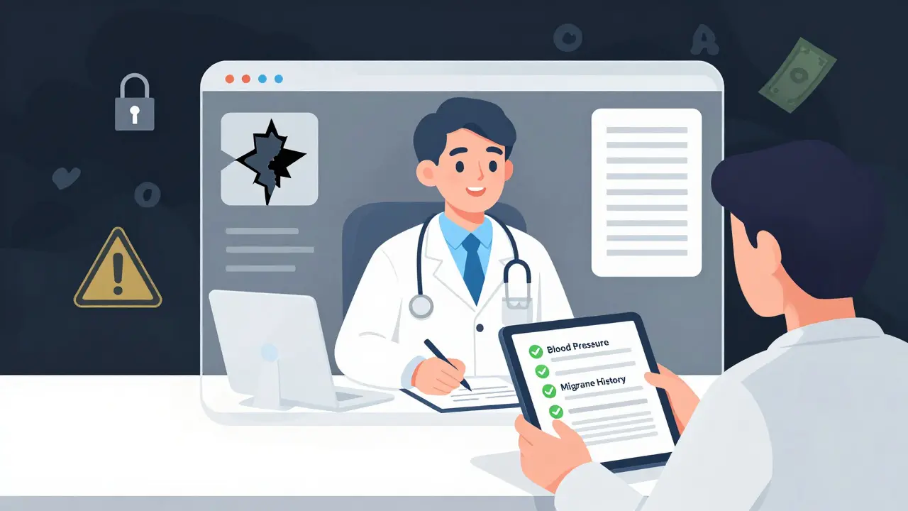Concept art of a secure telehealth consultation blocking scams