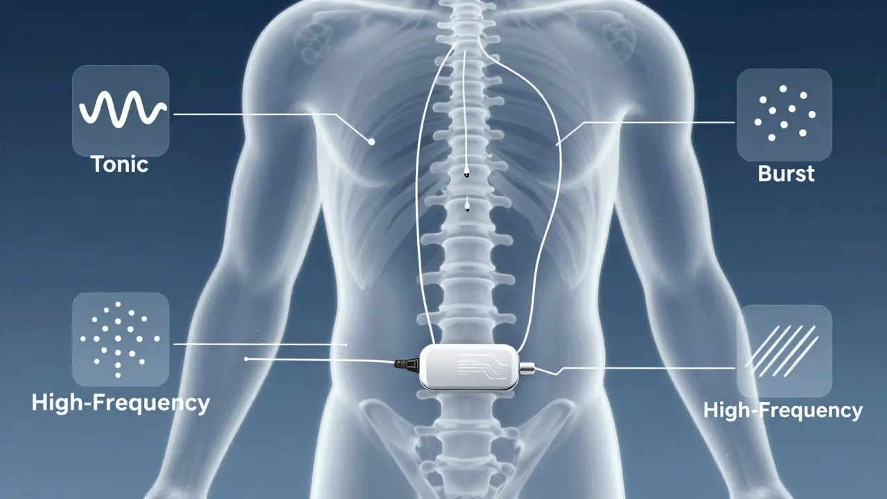 Diagram of spinal cord stimulator leads and implanted pulse generator.