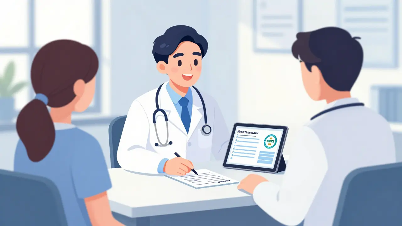 Doctor and patient in bright office with verified prescription and pharmacy seal