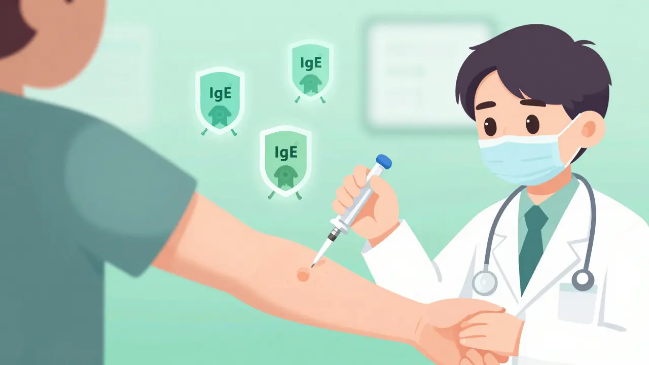 Doctor performing skin prick test with stylized antibody characters.