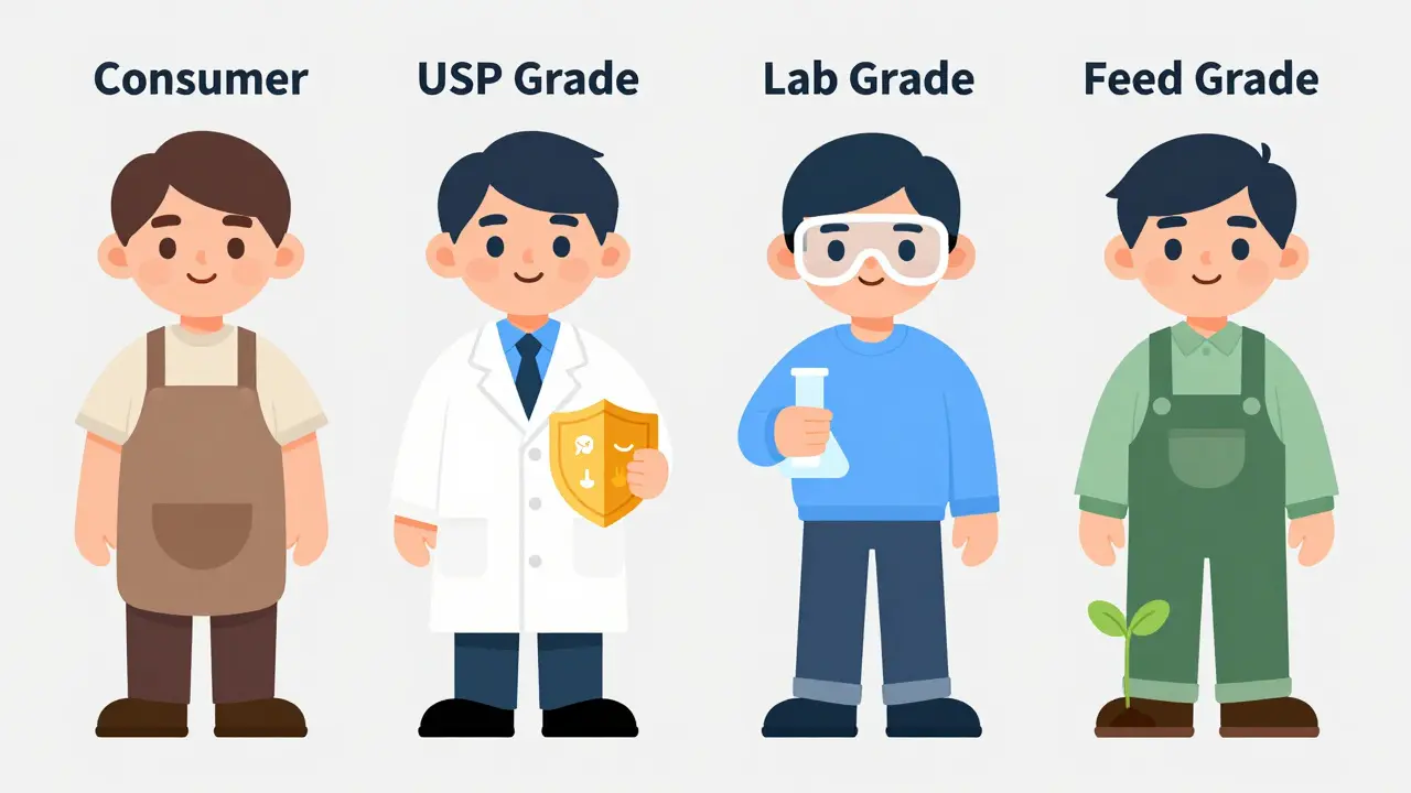 Four illustrated characters representing different chemical grades