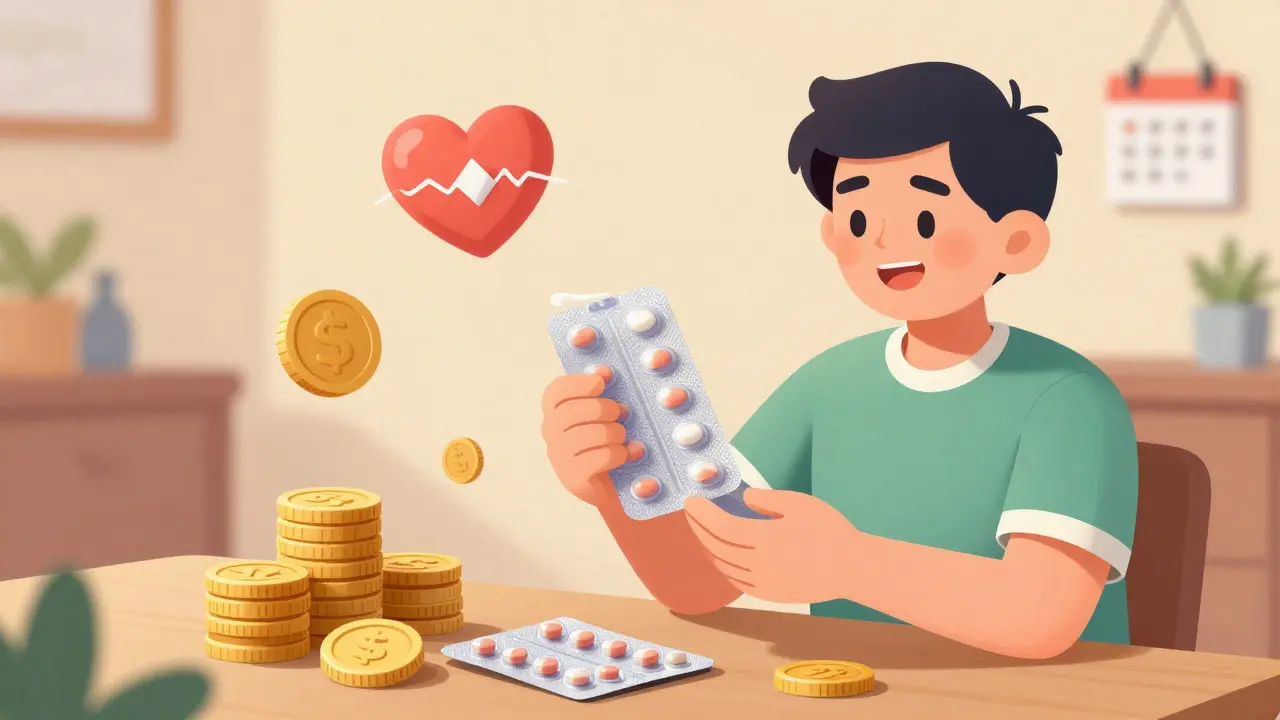 Happy person opens safe medication package with health symbols.