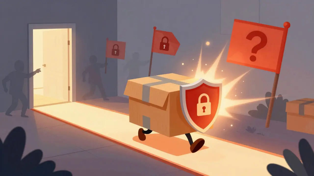 Illustrated package with a safety shield arriving securely at a home, avoiding scam warnings.
