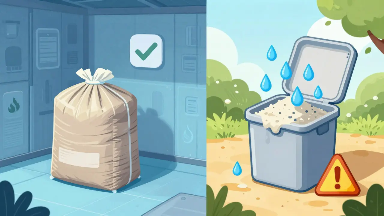 Illustration comparing proper vs improper chemical storage