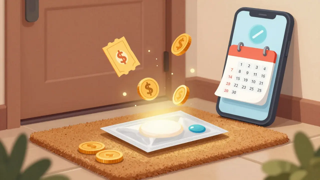 Illustration of discreet home delivery package with savings symbols