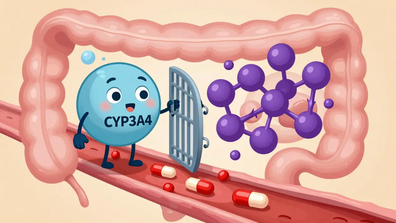 Illustration of grapefruit compounds blocking enzymes in gut