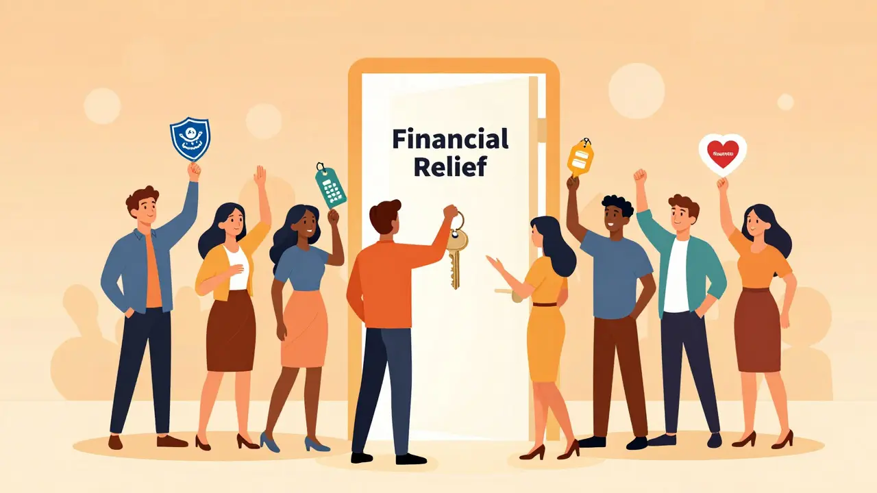 People using keys representing aid programs to unlock financial relief.