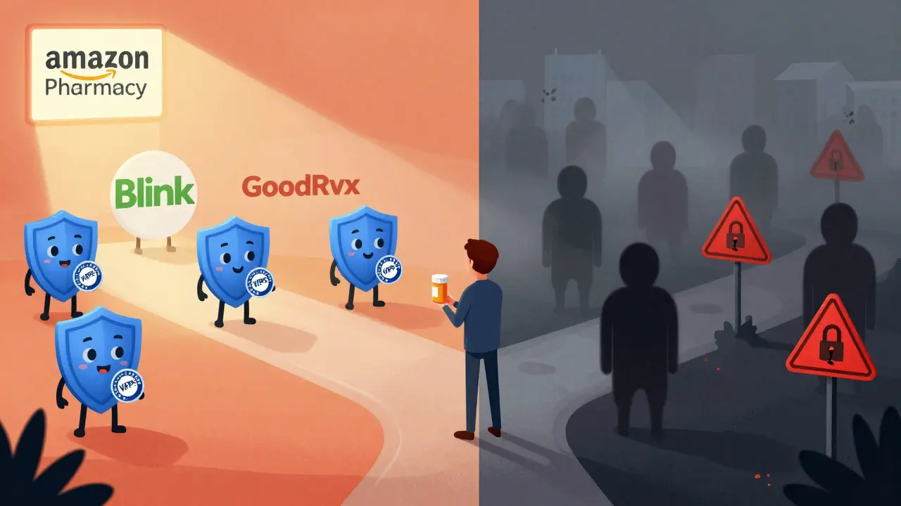 Safe pharmacy icons vs dark scam warnings in a choice illustration.