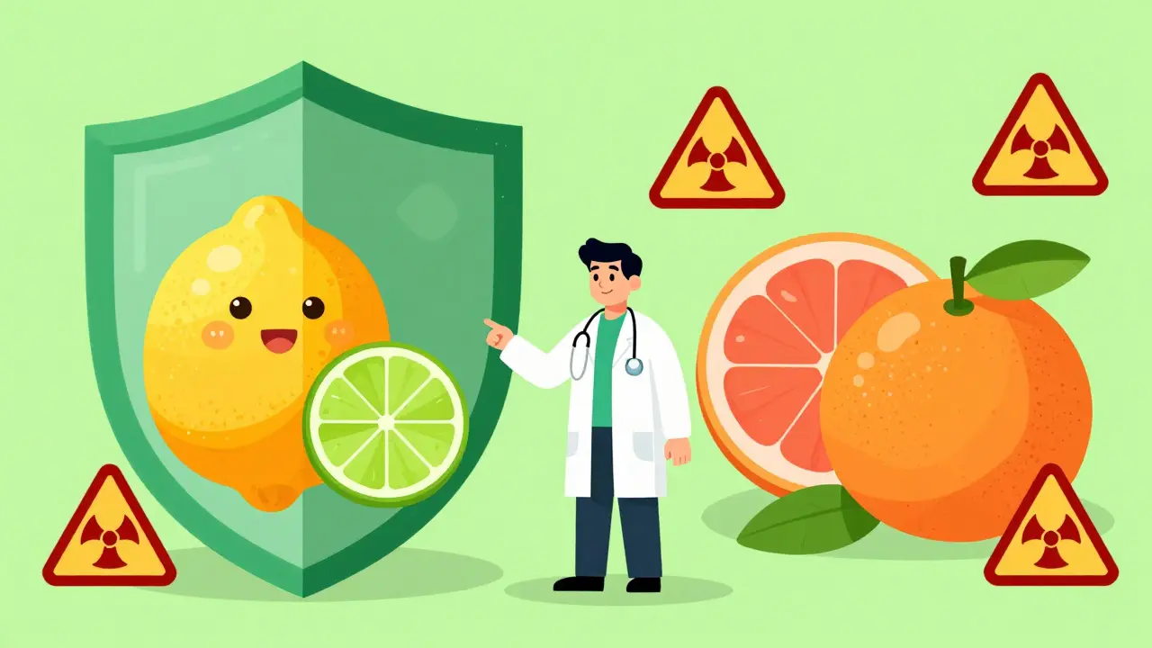 Safe vs risky citrus fruits for statin users illustrated
