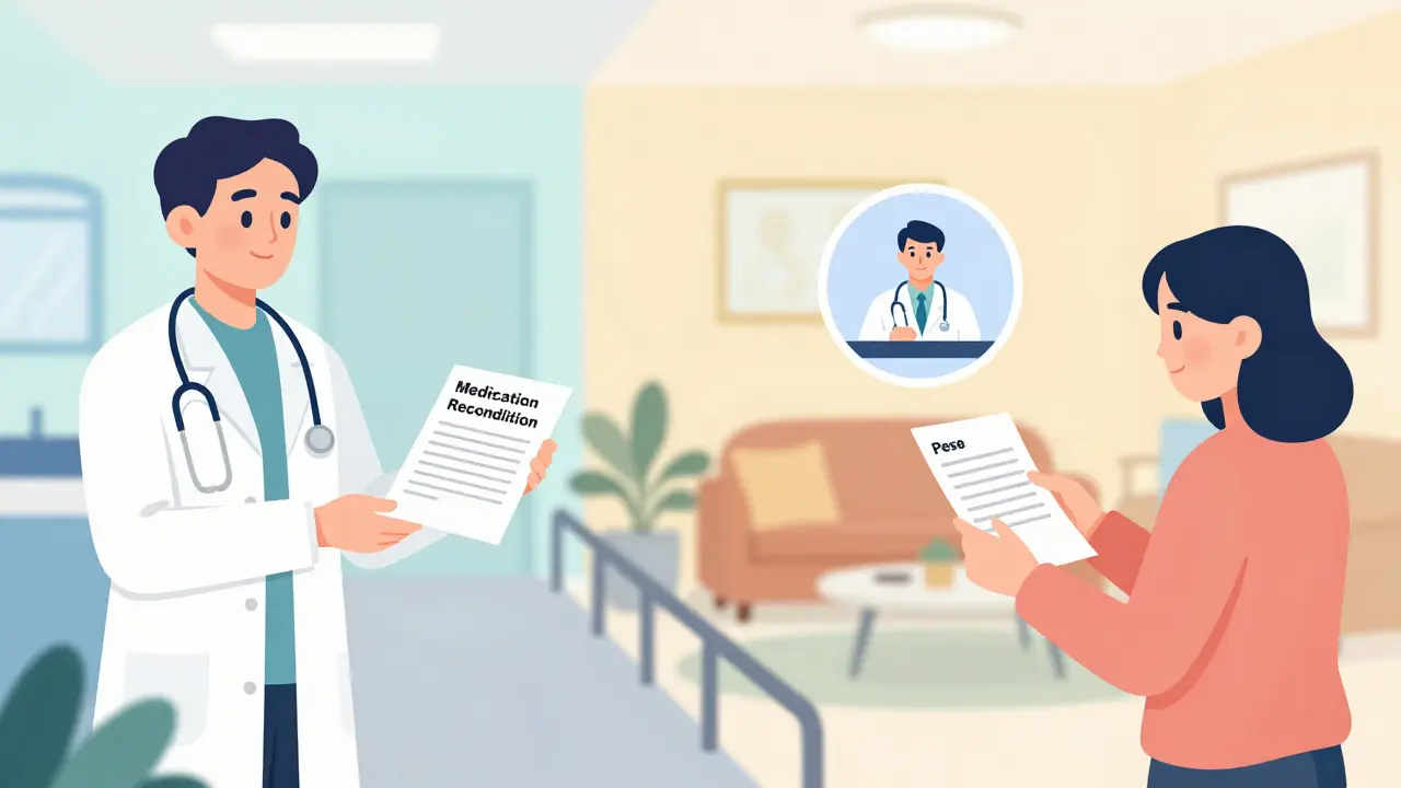 Caregiver reviewing medication reconciliation with pharmacist