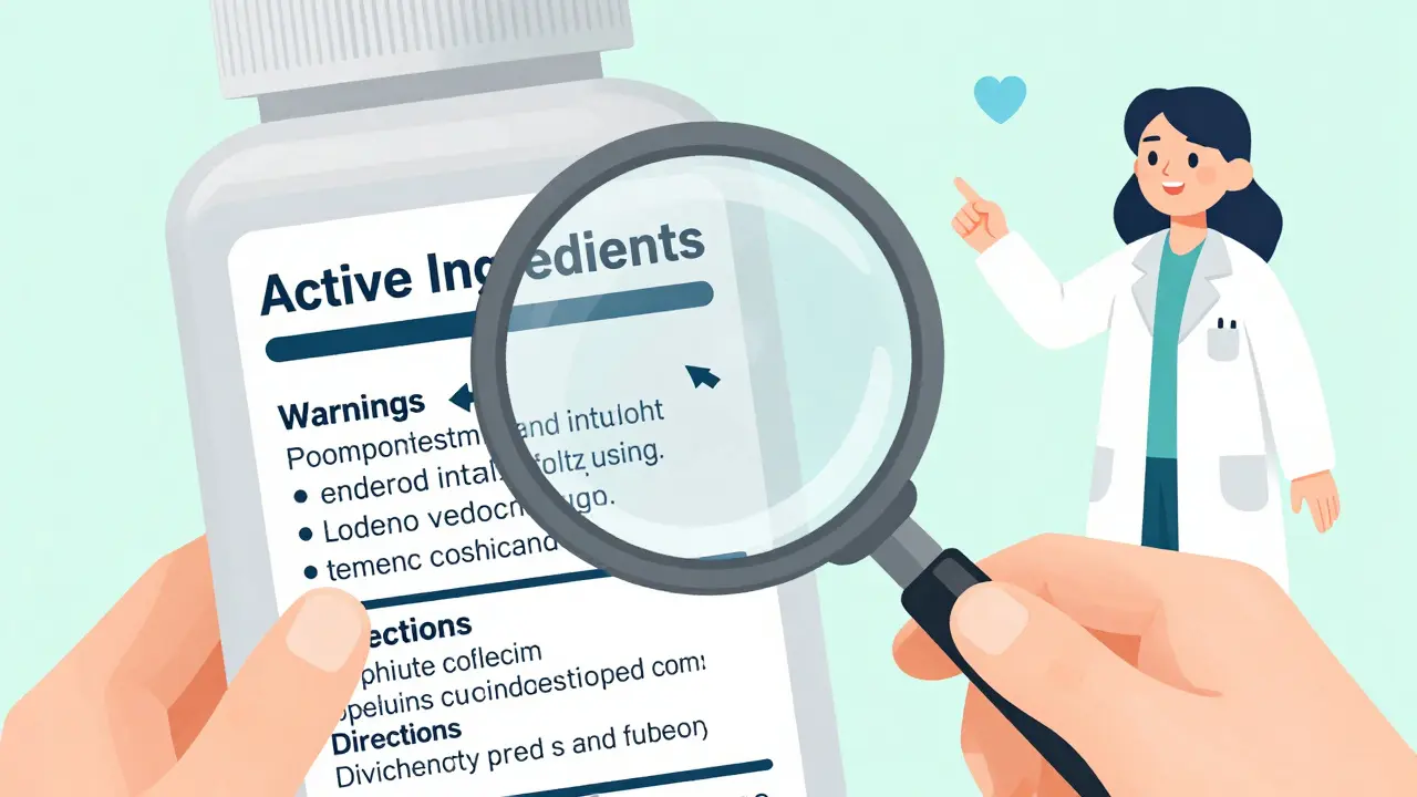 Close up of hand reading drug label with pharmacist helping in background