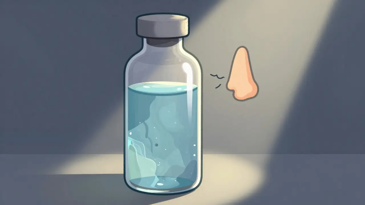 Cloudy medicine bottle with floating particles and odor icon