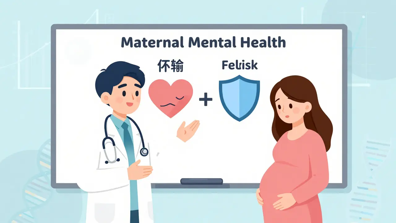 Doctor explaining birth defect risks and mental health balance to a pregnant patient.
