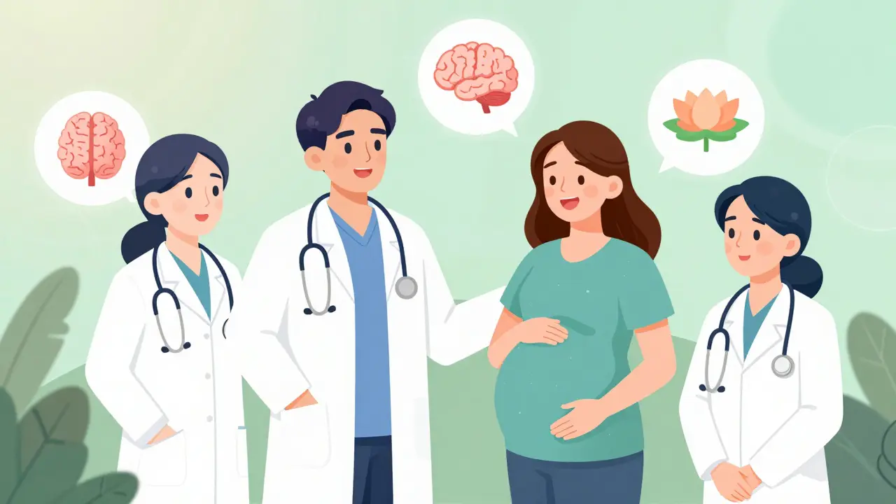 Healthcare team supporting a pregnant woman with therapy and medication management options.