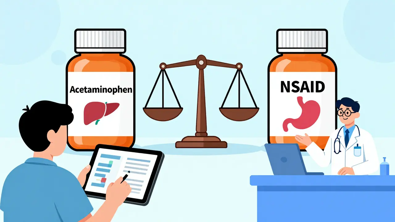Illustration comparing pain relievers with pharmacist advising patient