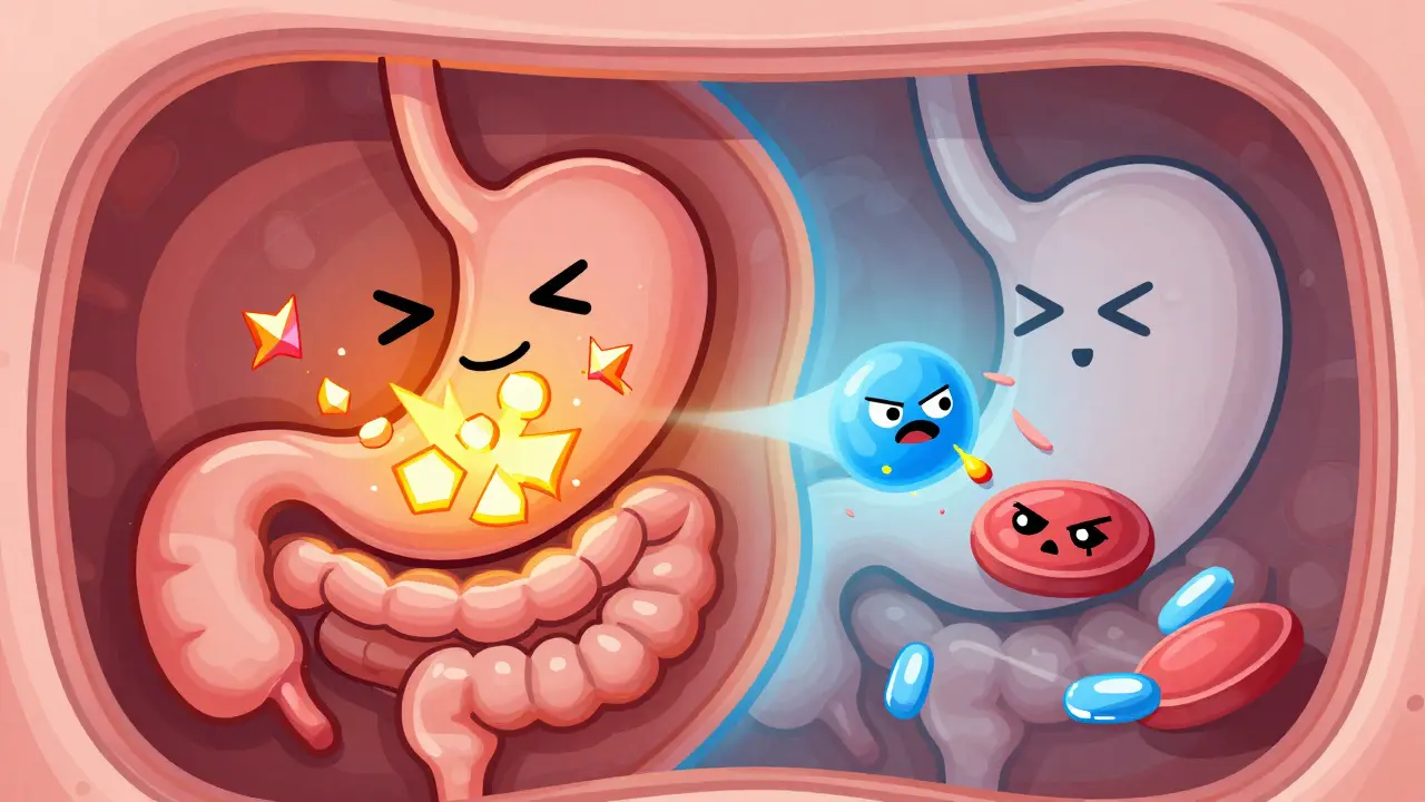 Illustration of NSAIDs irritating stomach lining while blocking platelet function