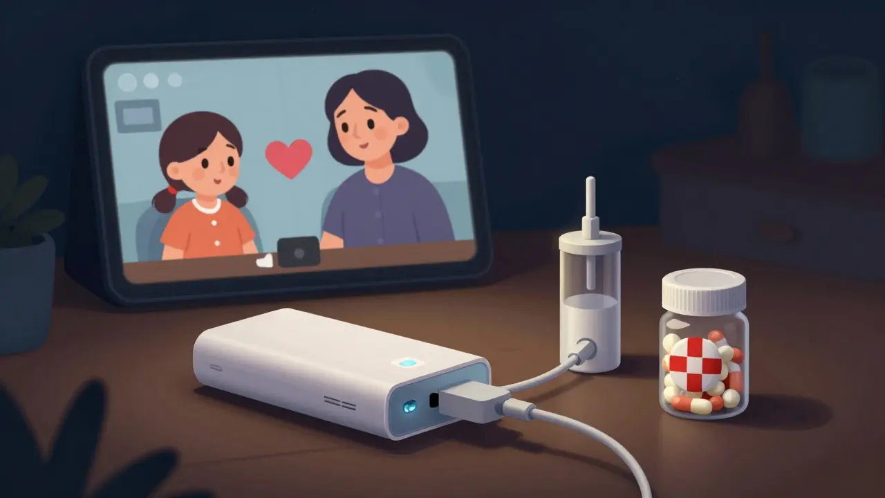 Medication dispenser powered by a battery backup during a home power outage.
